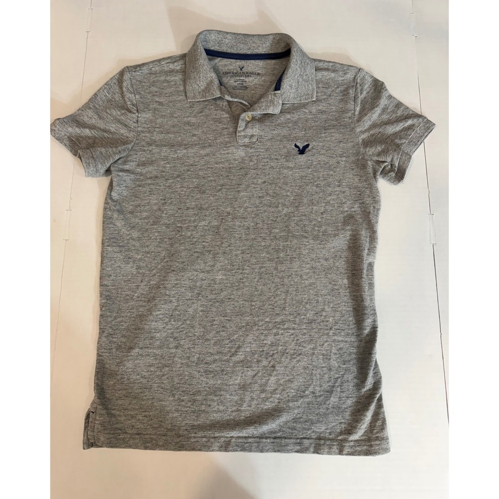 American Eagle Mens Classic Fit Short Sleeve Polo Shirt Gray Heathered Small